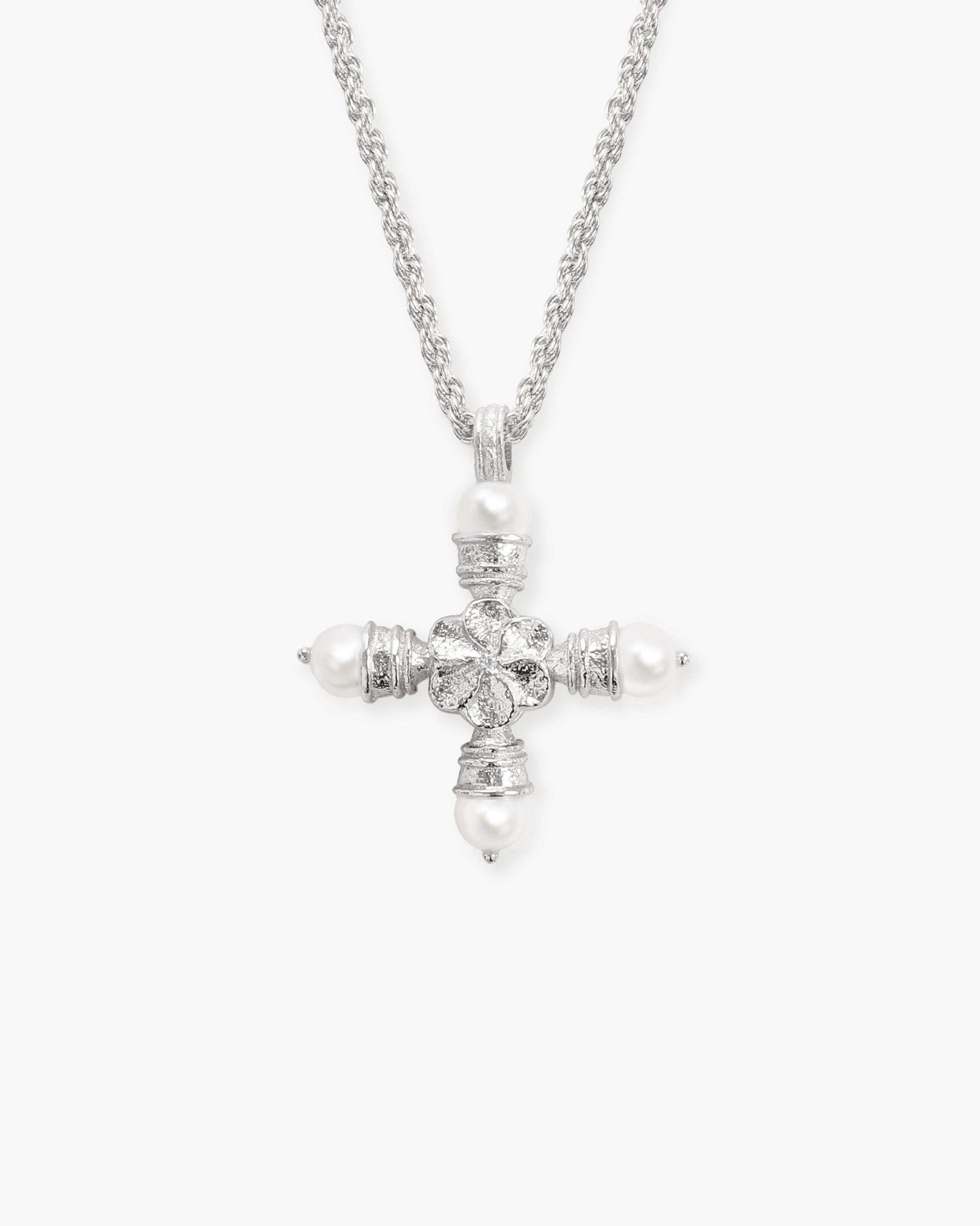 Florence Pearl Cross Necklace in Silver en route jewellery