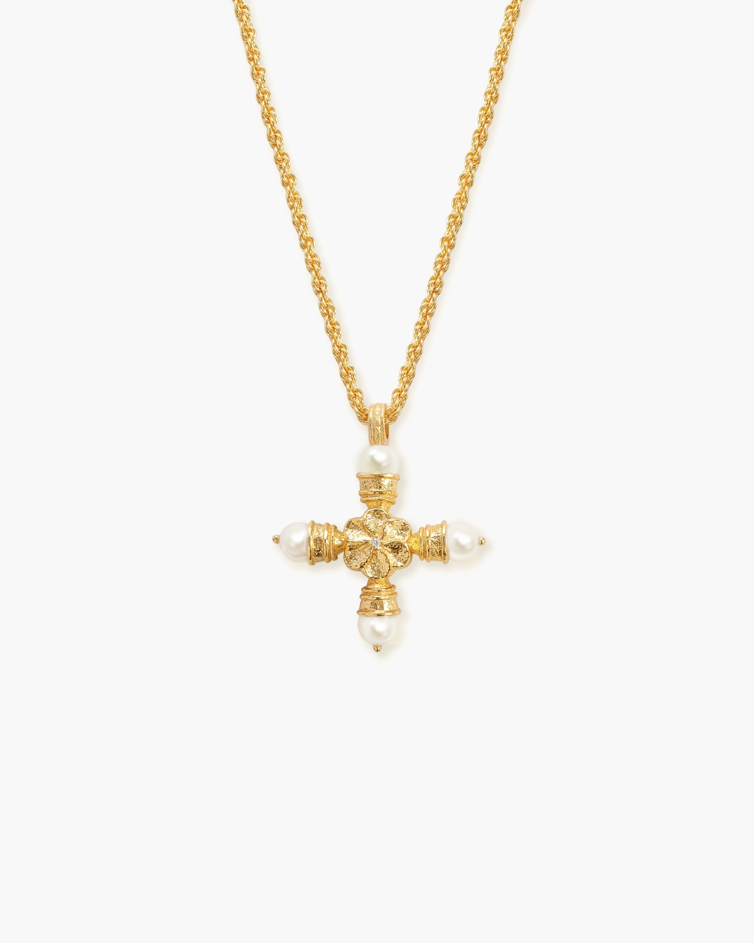 Florence Pearl Cross Necklace in Silver en route jewellery