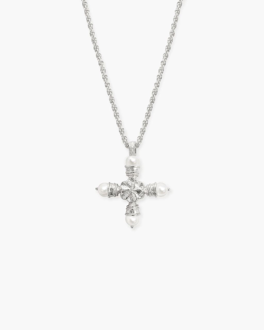 Florence Pearl Cross Necklace in Silver en route jewellery