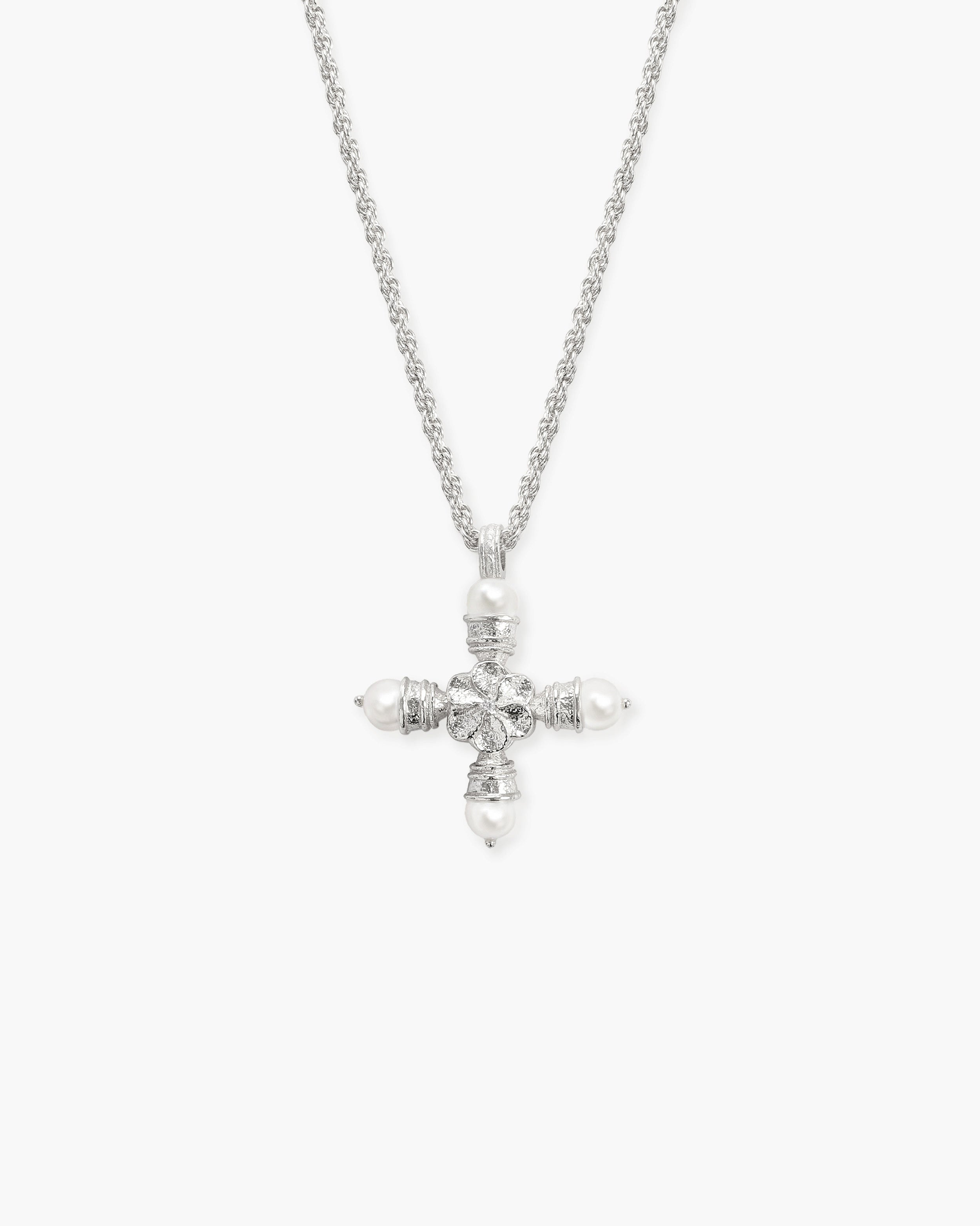 Florence Pearl Cross Necklace in Silver en route jewellery