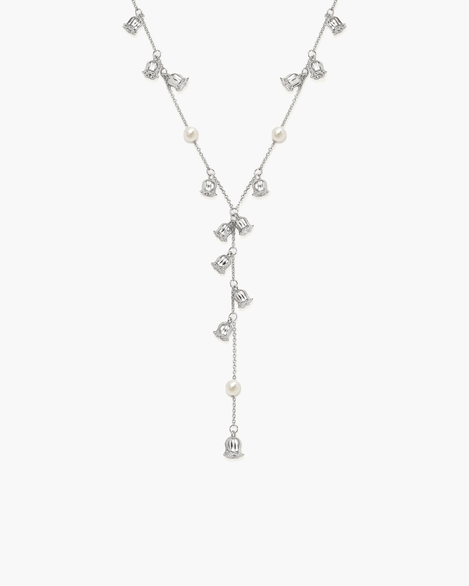 Lily of the Valley Pearl Lariat Necklace in Silver