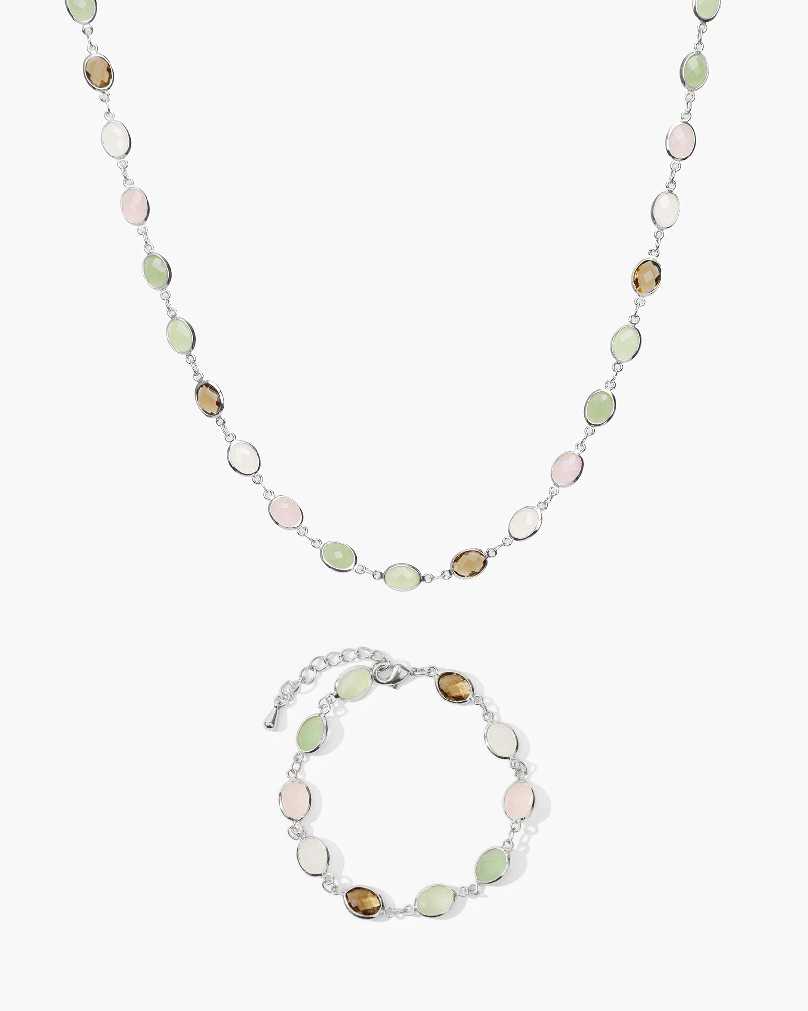 Whimsical Romance Stone Necklace and Bracelet Set in Silver en route jewellery