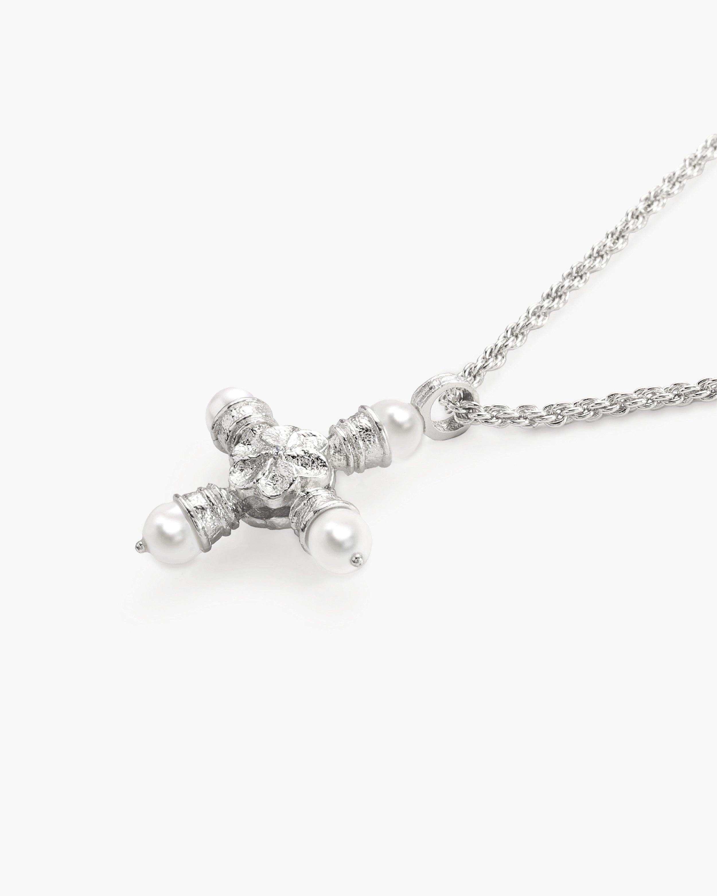 Florence Pearl Cross Necklace in Silver en route jewellery