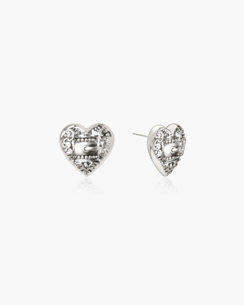 Belted Heart Stud Earrings in Silver en route jewellery