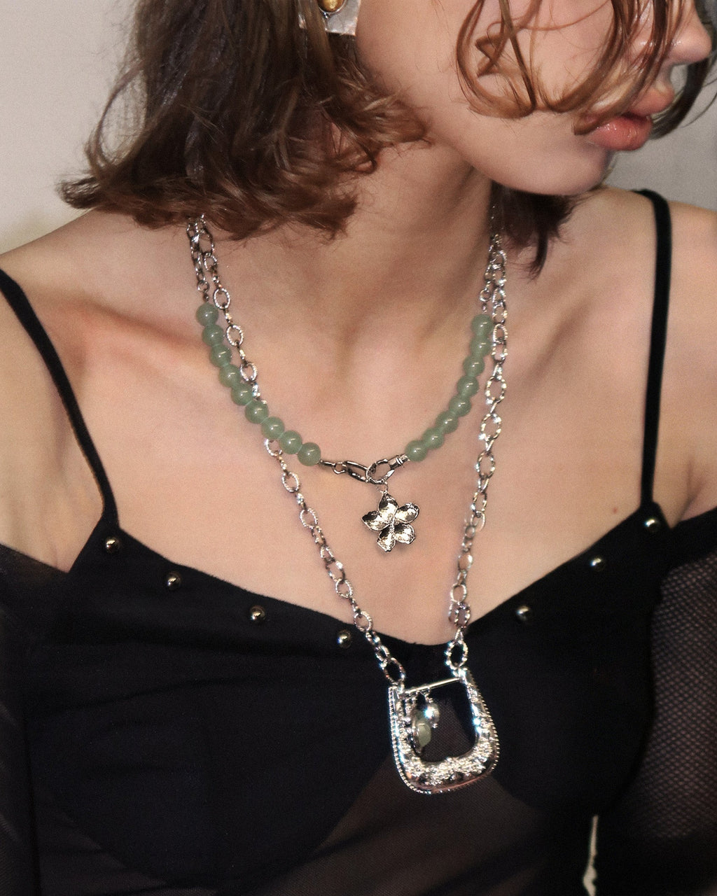 Green Aventurine Beaded Necklace with Charm Holder Clasp en route jewellery
