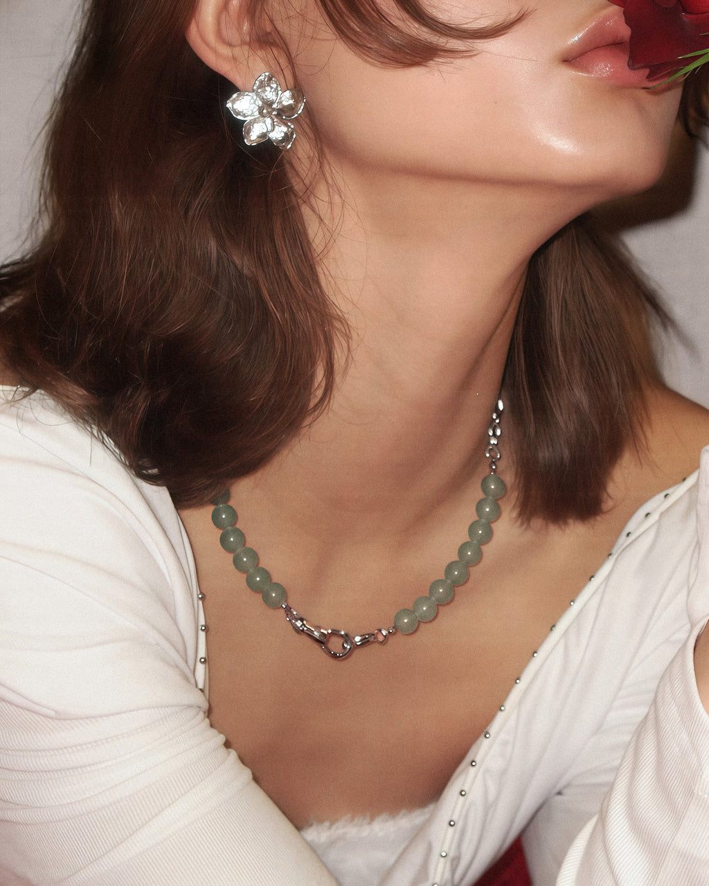 Green Aventurine Beaded Necklace with Charm Holder Clasp en route jewellery
