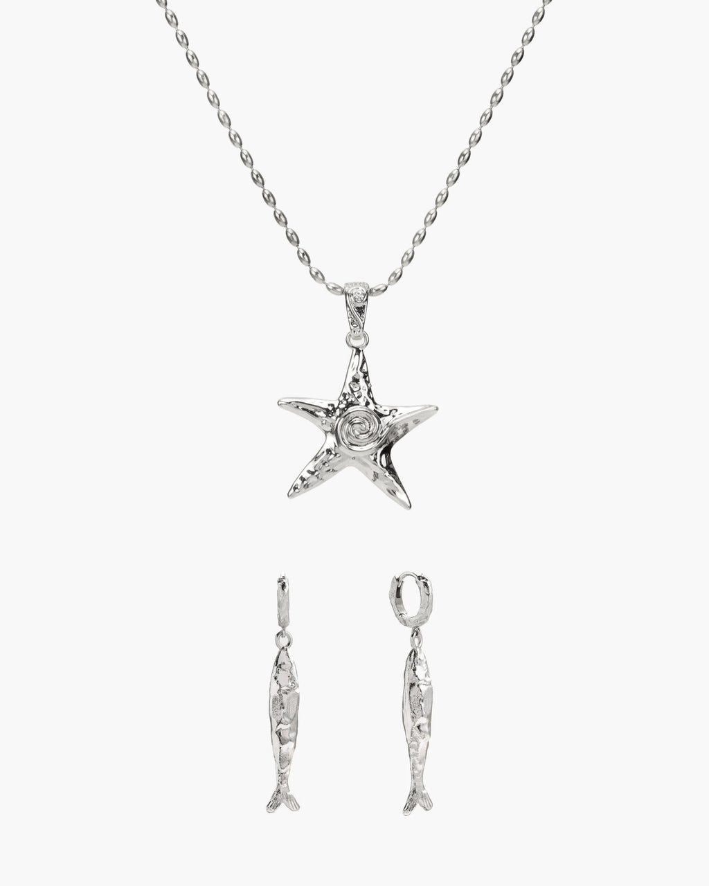 Anchovy Earrings & Starfish Necklace Set in Silver en route jewellery