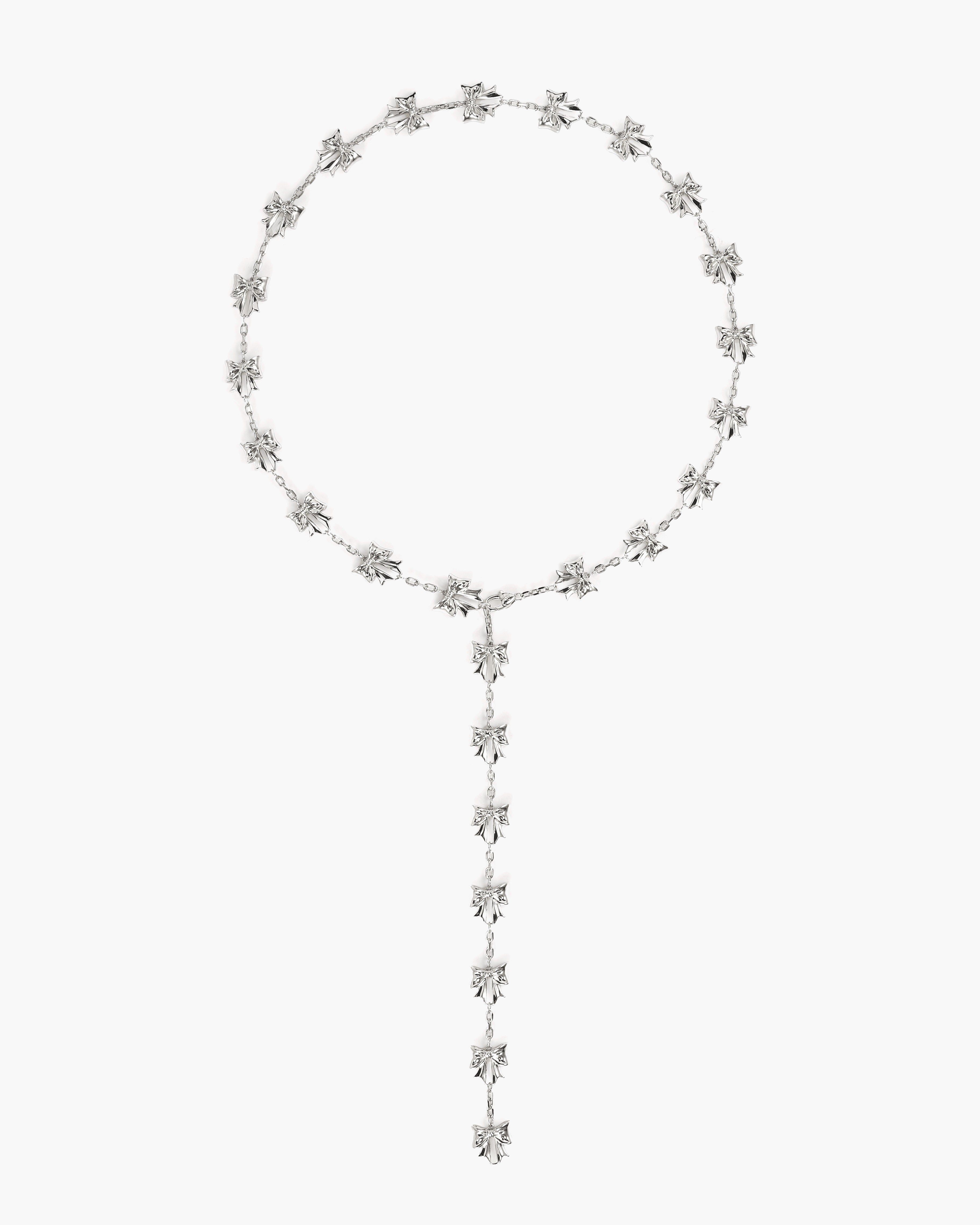Bow Lariat Long Necklace in Silver